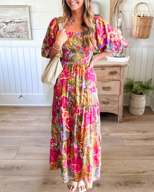 Rose Bubble Sleeve Maxi Dress