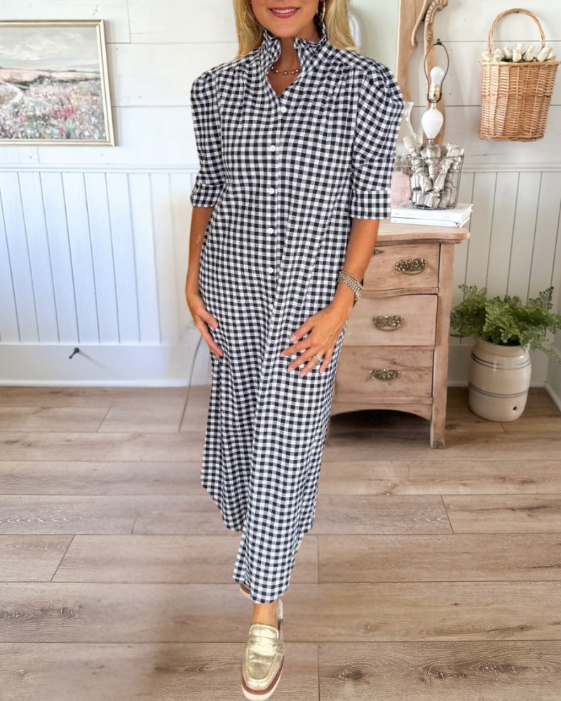 Gingham Shorts Sleeve Maxi Shirt Dress