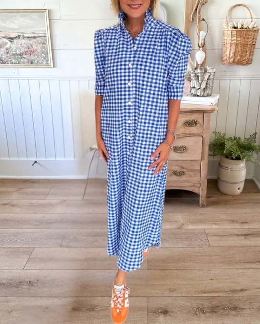 Gingham Shorts Sleeve Maxi Shirt Dress