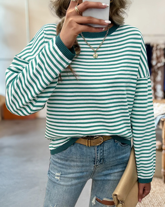 Striped Round Neck Dropped Shoulder Sweater