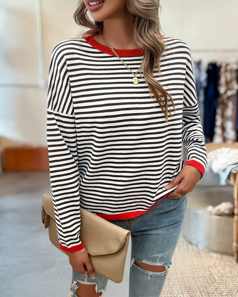 Striped Round Neck Dropped Shoulder Sweater