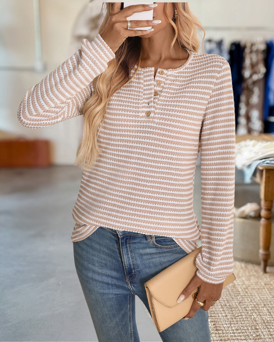 Button Notch Neck Striped Long Sleeves Knit Blouse