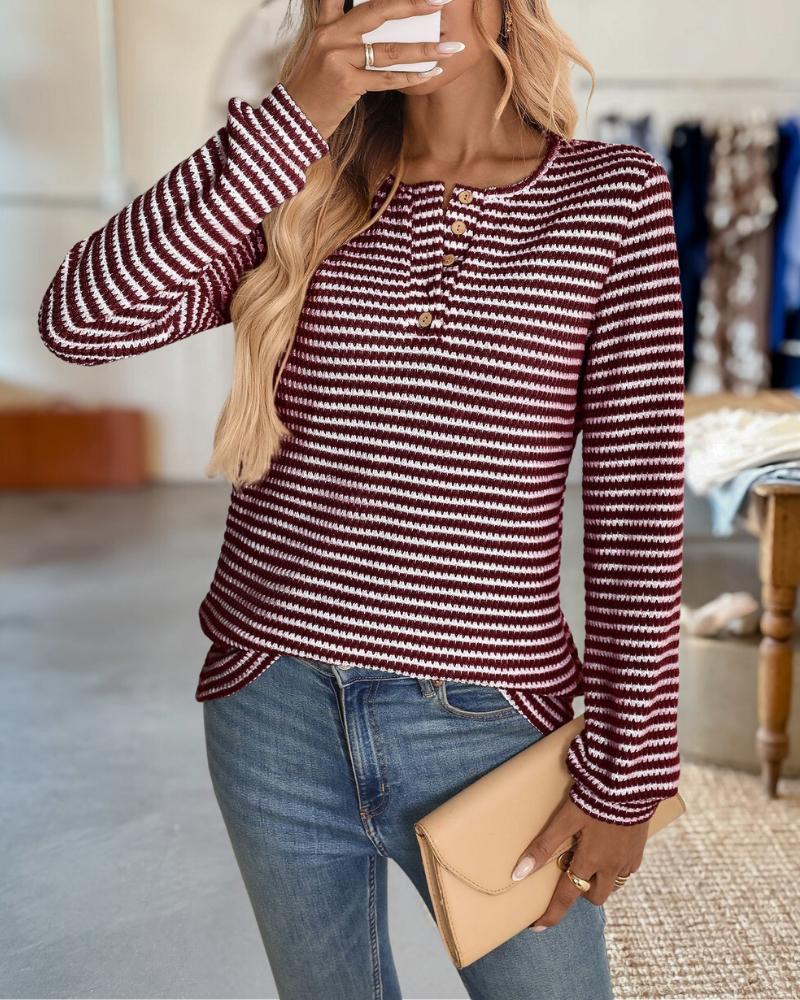 Button Notch Neck Striped Long Sleeves Knit Blouse