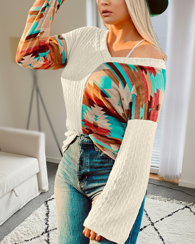 Knitted Splicing Print Sweater