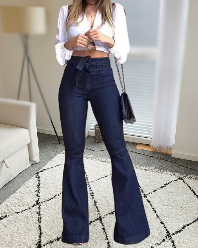 High Waist Slightly Elastic Lace Flared Pants