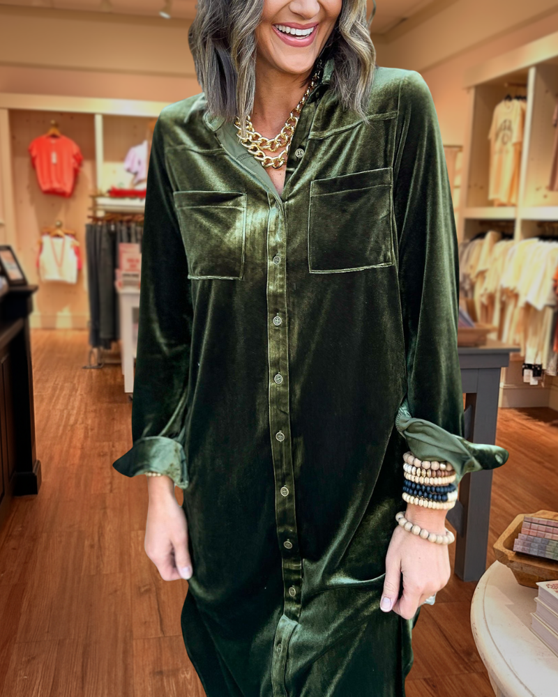Velvet Button Down Long Shirt Dress