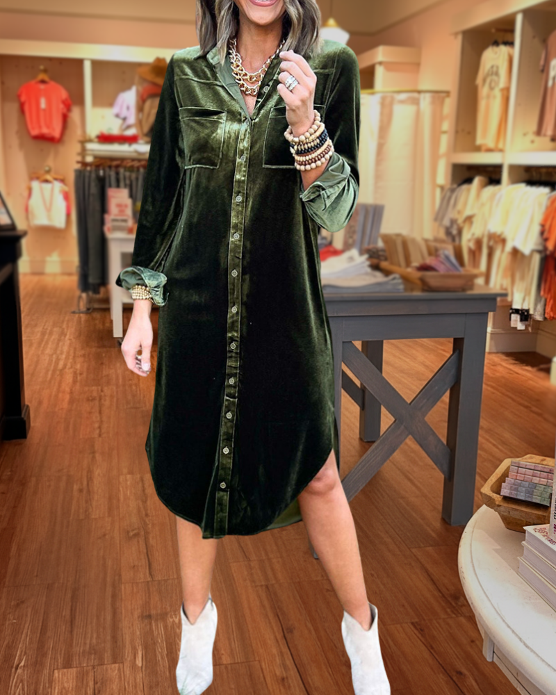 Velvet Button Down Long Shirt Dress