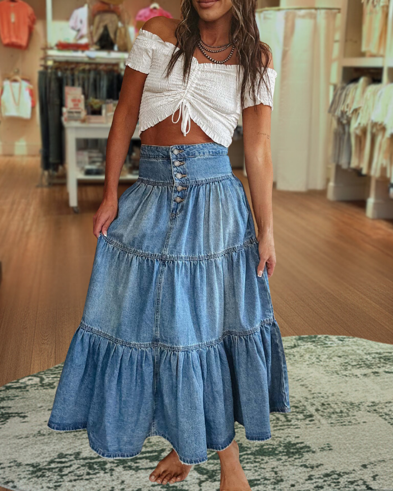 Button Fly Layered Hem Denim Skirt