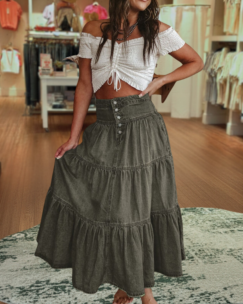 Button Fly Layered Hem Denim Skirt