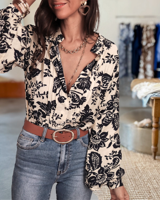 Perfee Printed Notched Long Sleeve Shirt