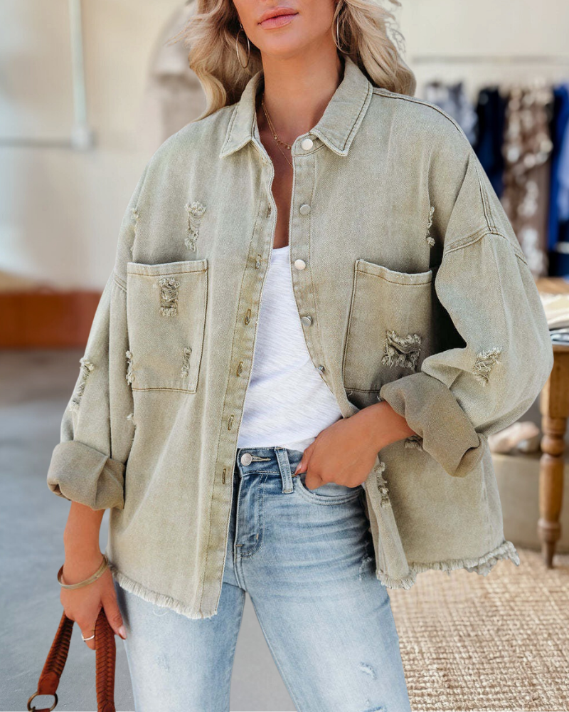 Ripped Distressed Button Down Shirt Shacket
