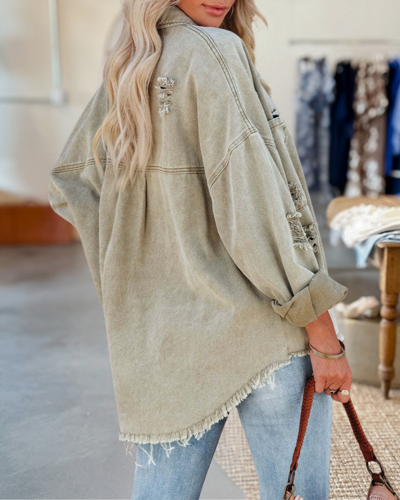 Ripped Distressed Button Down Shirt Shacket