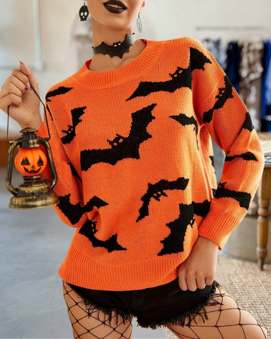 Halloween Bat Pattern Drop Shoulder Sweater
