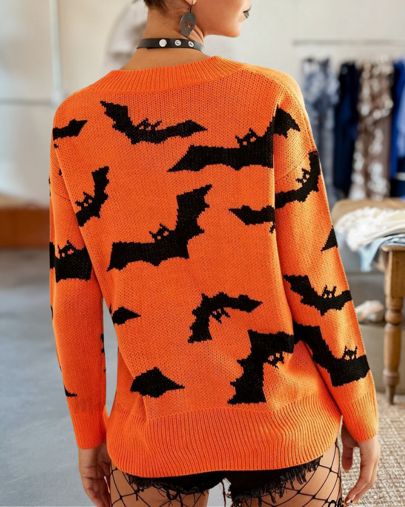Halloween Bat Pattern Drop Shoulder Sweater
