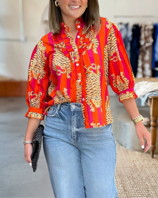 Bold Tiger Print Striped Button-Up Shirt