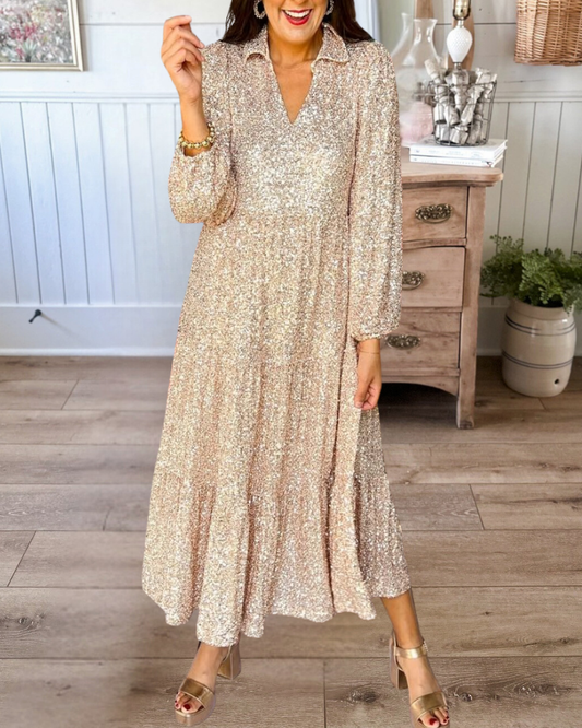 Sequined Long Sleeve Midi Dress