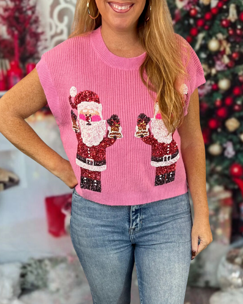 Santa Claus Sequined Pink Knit Vest