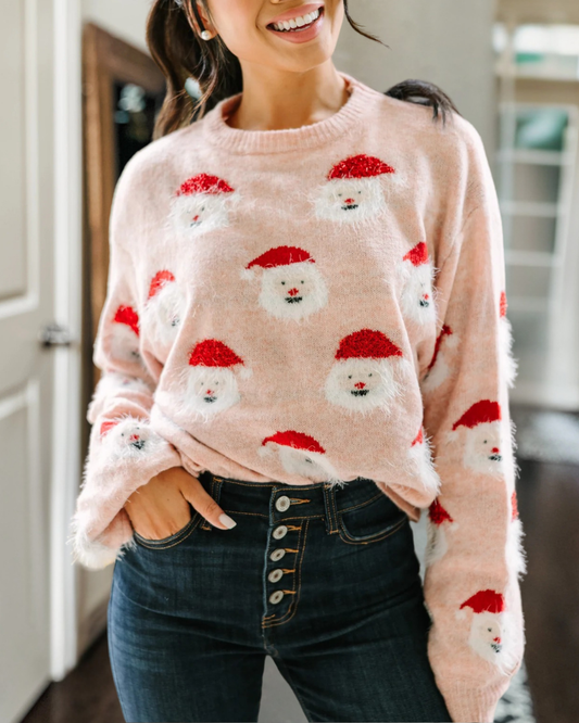 Santa Claus Patterned Pink Sweater
