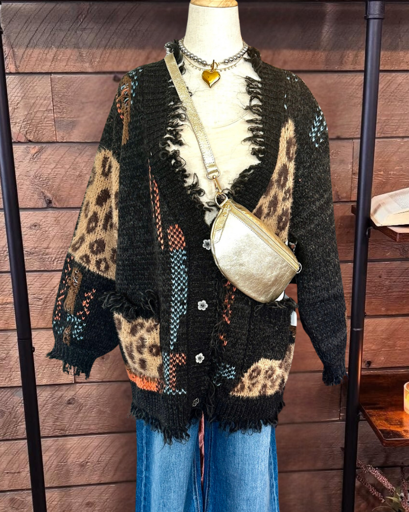 Contrast Leopard Chest Patch Pocket Cardigan