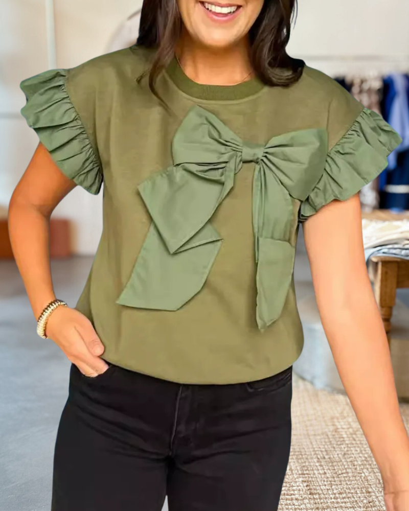Solid Color Bow Decor Playful Ruffle Sleeve T-Shirt