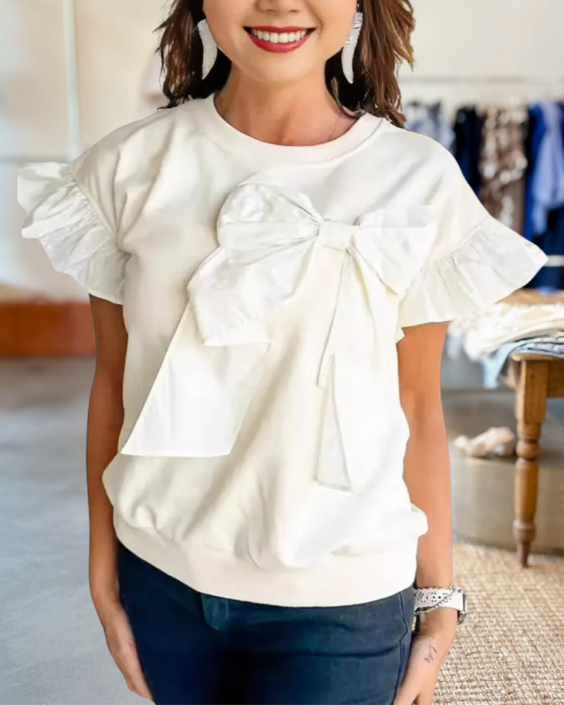 Solid Color Bow Decor Playful Ruffle Sleeve T-Shirt
