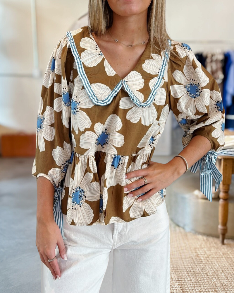 Floral Print Doll Collar Pretty Peplum Blouse