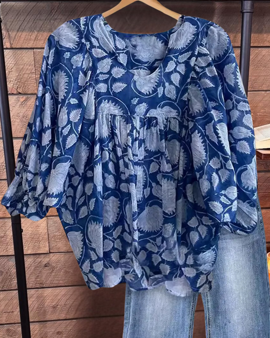 Vintage Floral Print Boho V Neck Blouse