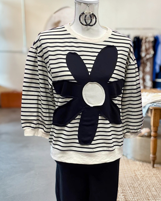 Hit Color Flower Applique Casual Striped Blouse