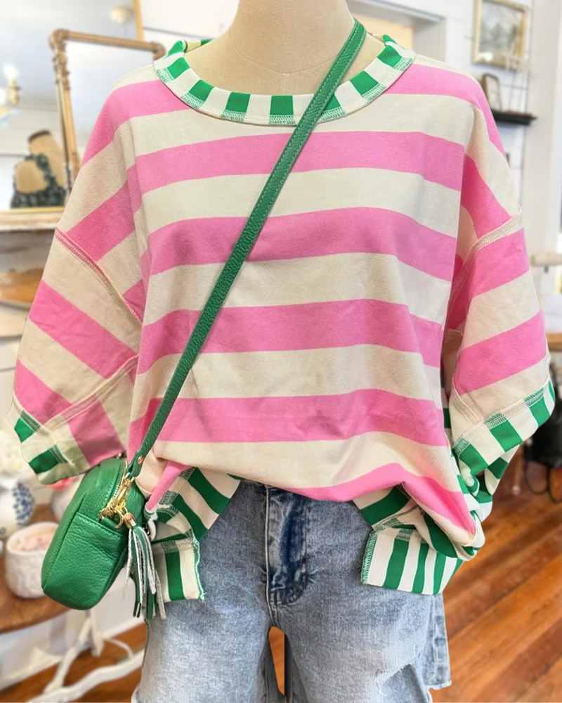 Striped Patchwork Cozy Round Neck Blouse