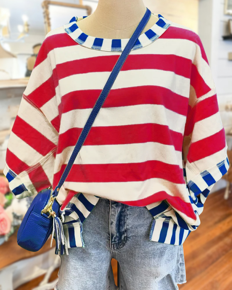Striped Patchwork Cozy Round Neck Blouse