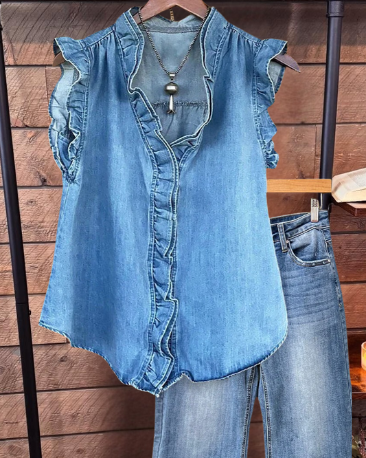 Solid Color Denim Playful Ruffles Patchwork T-Shirt