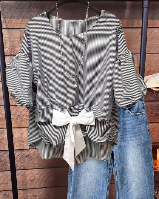 Vertical Striped Chic Bow Decor Irregular T-Shirt