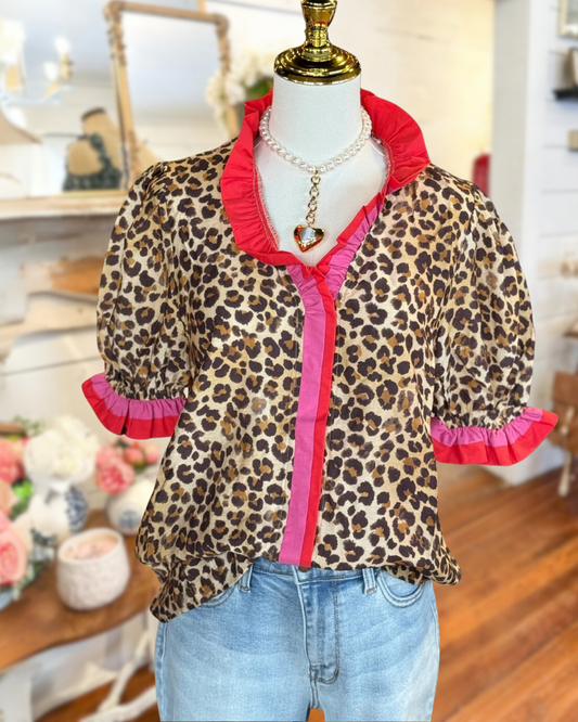 Leopard Print V Neck Bold Patchwork Blouse