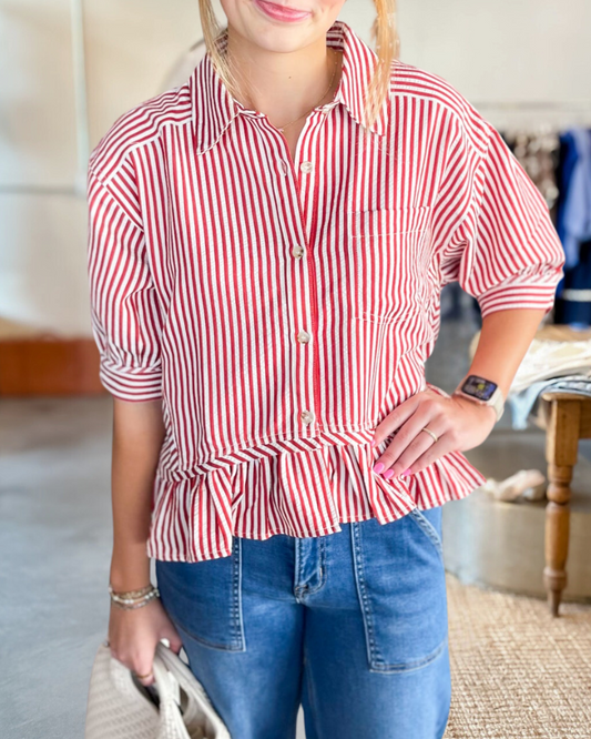 Striped Smart Button Down Ruffled Blouse