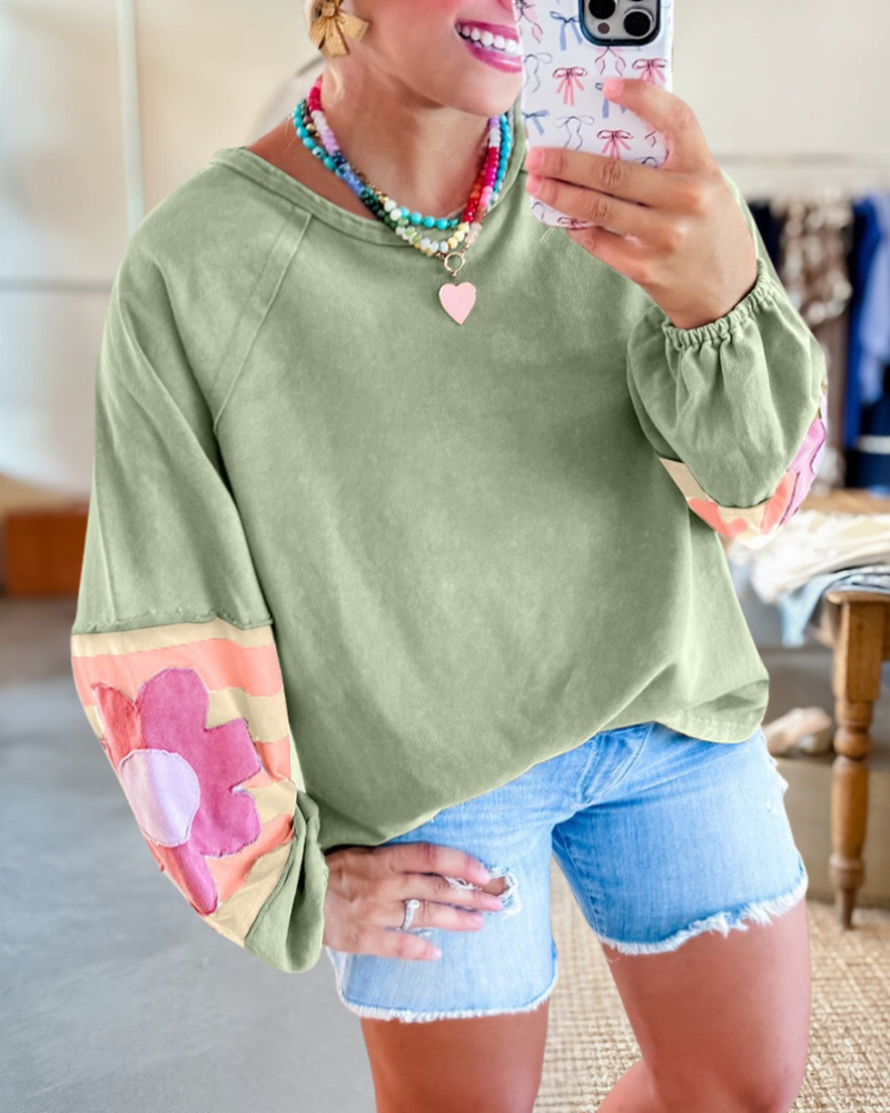 Flower Applique Unique Patchwork Sweatshirt