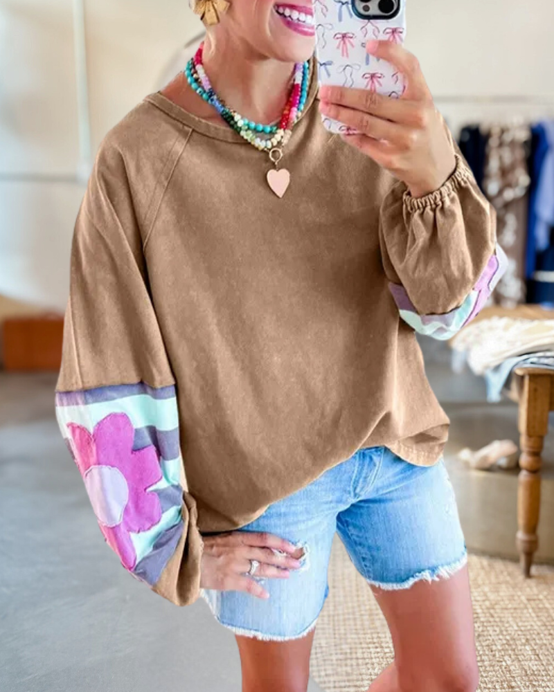 Flower Applique Unique Patchwork Sweatshirt