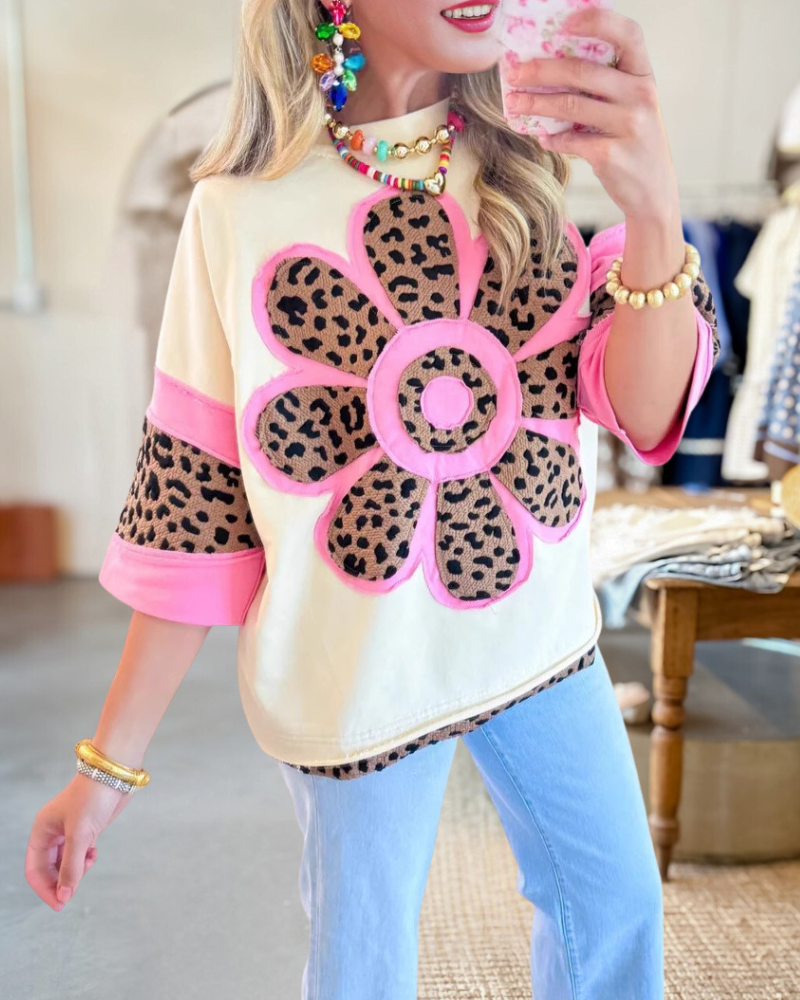 Leopard Floral Applique Smart Patchwork T-Shirt