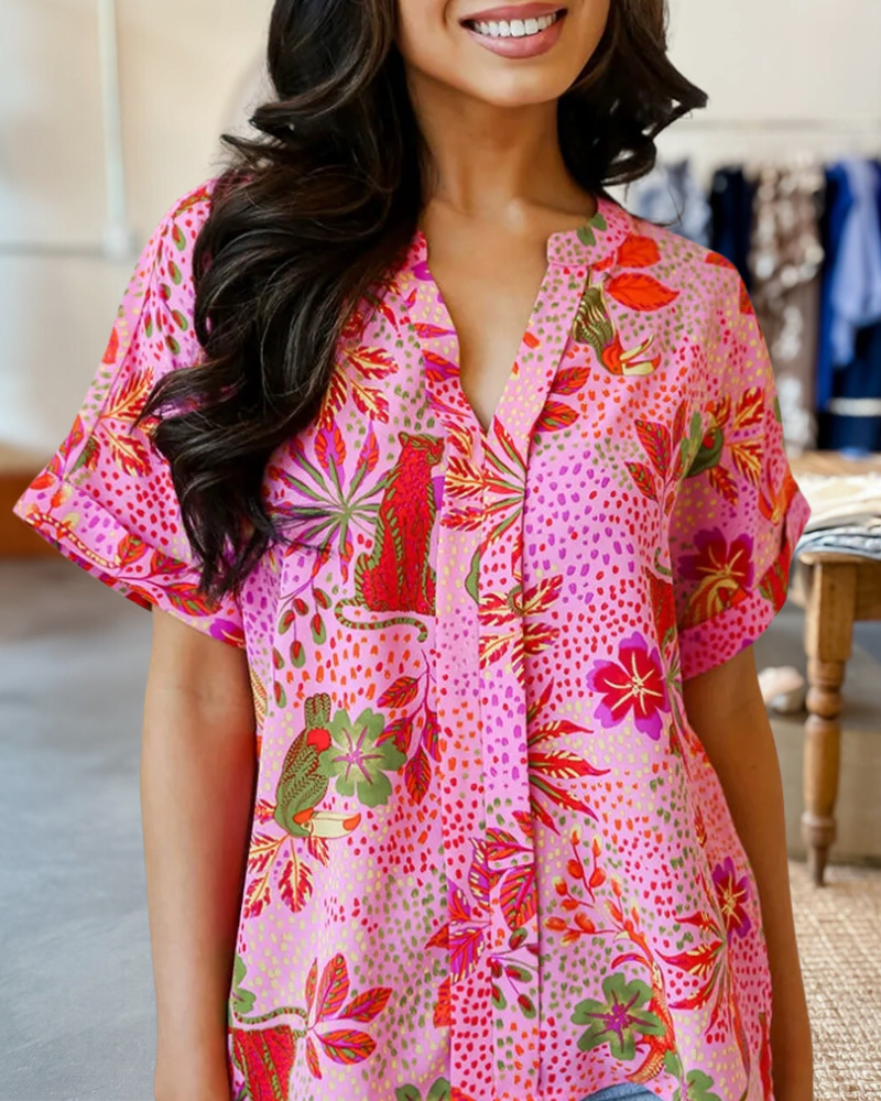 Floral Mixed Print Pastoral V Neck T-Shirt