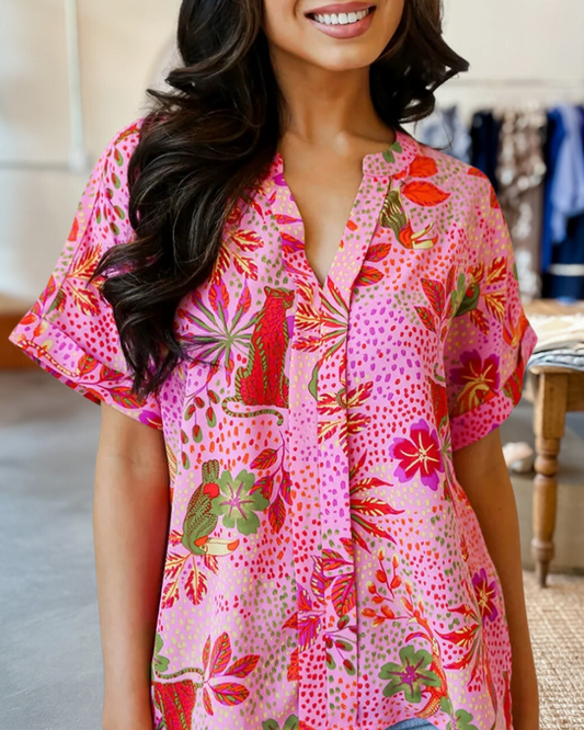 Floral Mixed Print Pastoral V Neck T-Shirt