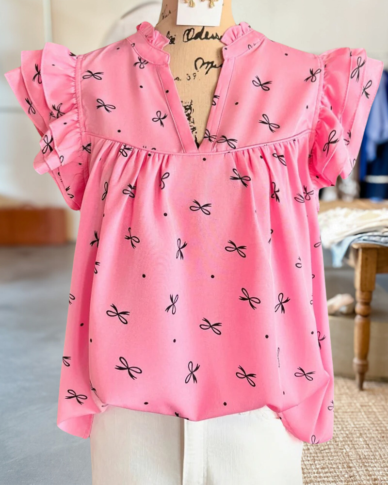 Bowknot Print V Neck Sweet Tiered Sleeve T-Shirt