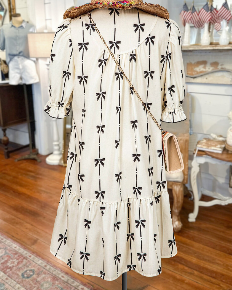 Bowknot Print V Neck Girly Ruffled Mini Dress