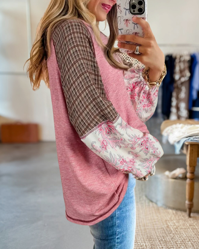 Mixed Print Patchwork Classic Round Neck Blouse