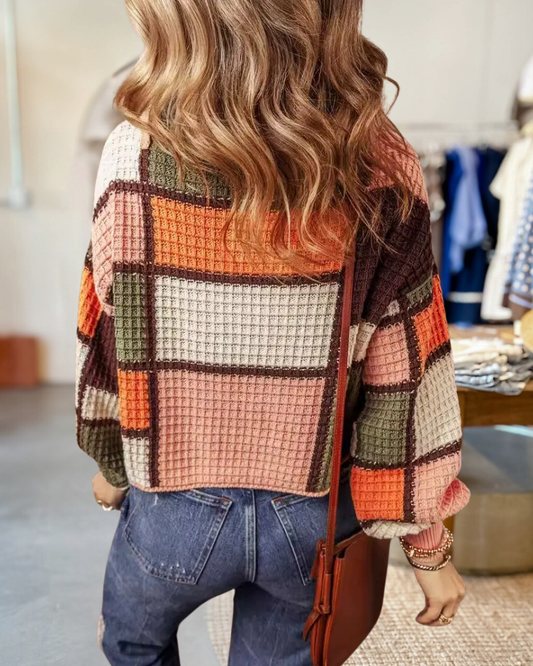 Color Block Waffle Feminine Sweater