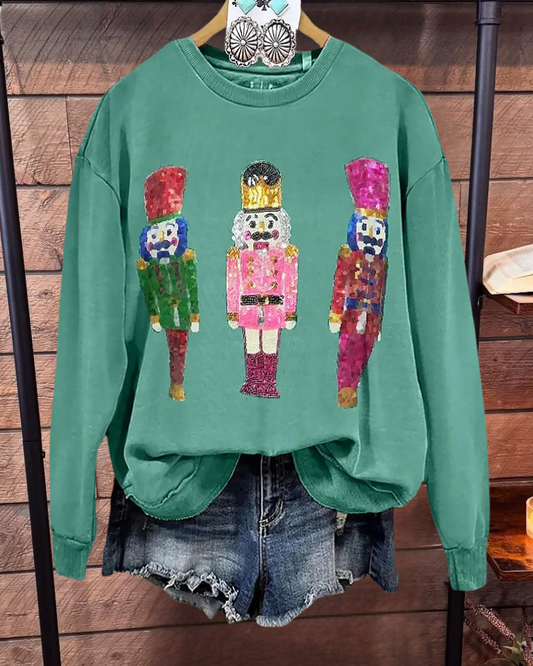 Sequined Christmas Soldiers Cute Drop-Shoulder Sweatshirt