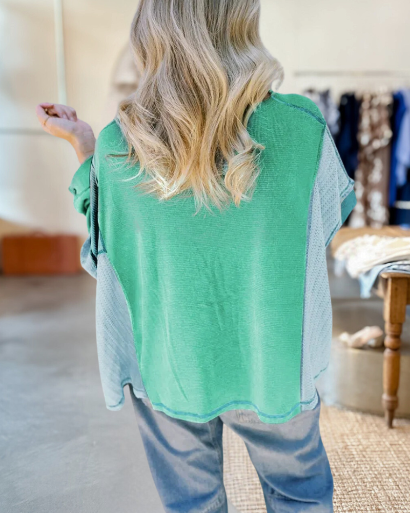 Mixed Patchwork Color Block Casual Round Neck Blouse