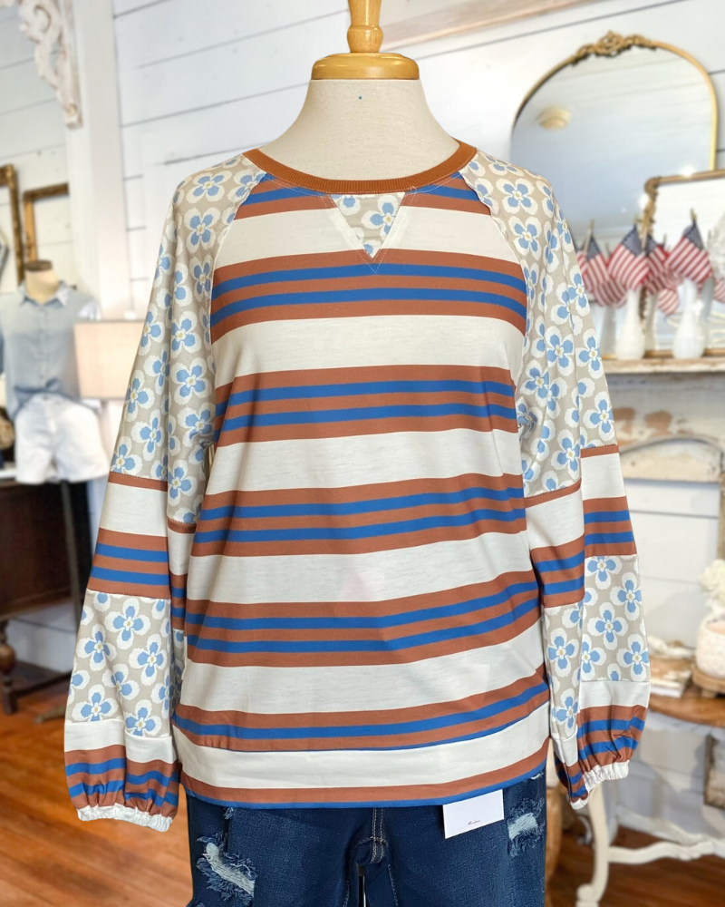 Floral Print Patchwork Laid Back Striped Sweatshirt