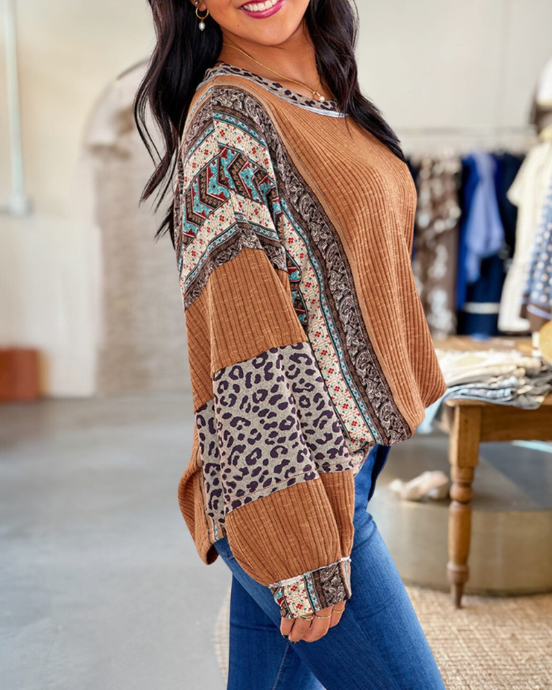 Mixed Print Patchwork Relaxed Striped Textured Blouse