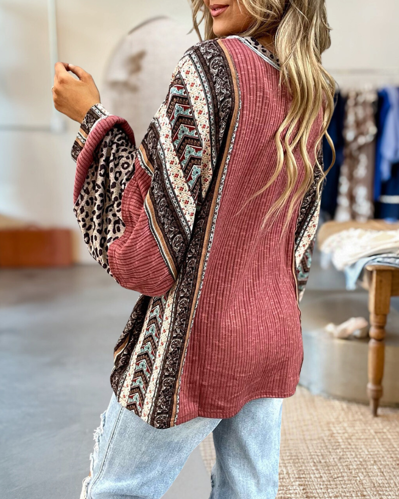 Mixed Print Patchwork Relaxed Striped Textured Blouse