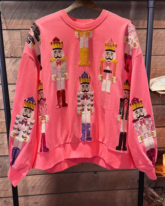 Sequined Christmas Soldiers Relaxed Round Neck Sweatshirt