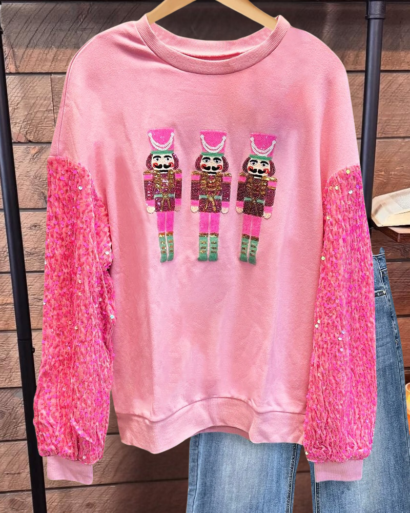 Patchwork Sequined Christmas Nutcracker Pretty Round Neck Blouse